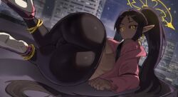 1girl ass ass_focus back black_leggings black_sclera breasts cityscape closed_mouth colored_sclera commentary commission crop_top dark-skinned_female dark_elf dark_skin earrings elf english_commentary halo high_heels highres huge_ass jewelry leggings long_hair long_pointy_ears looking_at_viewer looking_back original pointy_ears ponytail ring solo thighs underboob very_long_hair wersman yellow_eyes