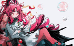 1girl arknights black_gloves black_shoes blush bubble cake cake_slice collared_dress commentary dessert diamond-shaped_pupils diamond_(shape) dress eating food foot_out_of_frame fork gloves hair_ribbon highres holding holding_fork holding_plate kari90909 knee_up long_hair long_sidelocks long_sleeves looking_ahead nymph_(arknights) nymph_(sweetness_to_the_heart)_(arknights) pantyhose pink_hair plate puffy_cheeks red_hair red_pantyhose red_ribbon ribbon shoes sidelocks simple_background single_glove sitting solo symbol-shaped_pupils very_long_hair white_background white_dress wide_sleeves