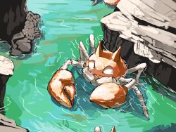 commentary_request crab day from_above gen_1_pokemon krabby nintendo no_humans outdoors partially_submerged pokemon pokemon_(creature) pokemon_focus rock sideways_glance signature solo walking water watermark yunimaru
