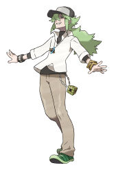 Rule 34 | 1boy, :d, absurdres, anime coloring, asymmetrical clothes, baseball cap, black hat, black shirt, bracelet, brown pants, chain, collared shirt, cowlick, cube, floating clothes, full body, green eyes, green hair, green shoes, grin, hair between eyes, hair over one eye, half-closed eye, hat, highres, jewelry, long hair, long sleeves, looking at viewer, low ponytail, male focus, messy hair, n (pokemon), nintendo, official art, open mouth, outstretched arms, pants, partially shaded face, pendant, pokemon, pokemon bw, ponytail, shaded face, shirt, shoes, sidelocks, simple background, smile, solo, standing, sugimori ken, tachi-e, teeth, third-party source, three-quarter sleeves, turtleneck, v-neck, white background, white shirt