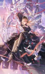1girl afterglow_and_dawn_(shining_nikki) argyle_clothes argyle_pantyhose arm_up artist_request bird black_bonnet black_bow black_bowtie black_choker black_dress black_flower black_shoes blonde_hair blue_eyes blue_wings bonnet bow bowtie breasts castle choker cleavage cloud collarbone cross cross_print dove dress expressionless eyelashes fairy fairy_wings feathers floating_hair flock floral_print flower full_body game_cg grey_pantyhose hestia_(shining_nikki) heterochromia high_heels juliet_sleeves light_particles long_dress long_hair long_sleeves looking_ahead neck_flower nikki_(series) official_art on_railing outdoors pantyhose parted_lips petals pointy_ears puffy_sleeves pumps purple_sky railing red_ribbon ribbon rose_petals see-through_pantyhose shining_nikki shoes sidelocks sitting sky solo square_neckline star_(symbol) star_print striped_clothes striped_dress sunset swept_bangs teeth third-party_source train_(clothing) vertical-striped_clothes vertical-striped_dress wide_sleeves wind wings yellow_eyes