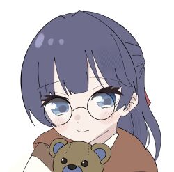1girl black-framed_eyewear blue_hair blush closed_mouth commentary frown glasses hair_ribbon half_updo highres link!_like!_love_live! love_live! magu_(cv_mgmgcup) murano_sayaka murano_sayaka_(chara_dolce) official_alternate_costume portrait red_ribbon ribbon round_eyewear simple_background solo split_mouth stuffed_animal stuffed_toy symbol-only_commentary teddy_bear virtual_youtuber white_background