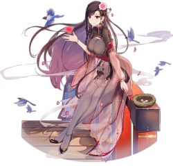 1girl ark_order bird black_dress black_hair black_pantyhose black_shoes bracelet breasts bridge china_dress chinese_clothes dress earrings egg falling_petals flower hair_flower hair_ornament hair_stick heart jacket jewelry large_breasts long_hair long_sleeves looking_at_viewer nest official_art pantyhose petals red_eyes see-through_clothes see-through_jacket shoes short_sleeves side_slit sitting smoke solo tachi-e transparent_background very_long_hair you_ni_ge_shaobing zhurong_(ark_order)
