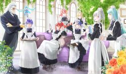 4boys 5girls aaron_wei agnes_claudel apron beard bergard_zeman blonde_hair blue_eyes blue_hair blunt_bangs butler chisarune couch cup double-parted_bangs dress eiyuu_densetsu english_text eyepatch facial_hair feri_al-fayed floating_hair flower formal_clothes full_beard green_eyes hair_between_eyes hair_brush highres hime_cut holding holding_hair_brush holding_mirror holding_pitcher holding_tray indoors judith_lanster kuro_no_kiseki_(series) long_hair looking_at_mirror maid maid_apron maid_headdress mare_(eiyuu_densetsu) mirror mullet multicolored_hair multiple_boys multiple_girls parted_bangs pink_hair pitcher_(container) plant ponytail quatre_salision red_hair risette_twinings short_hair sideburns sidelocks sitting smile streaked_hair suit teacup teapot tray twintails van_arkride watermark white_hair window yellow_eyes