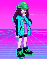 1girl bike_shorts brown_hair bucket_hat cross-laced_shoes full_body green_hat green_jacket hat highres jacket leaf_(pokemon) leaf_(sygna_suit)_(pokemon) nintendo official_alternate_costume pink_background pink_shirt pokemon pokemon_masters_ex shirt solo stardust_epic vaporwave
