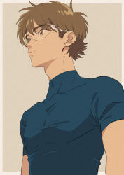 1boy absurdres ace_of_diamond adam&#039;s_apple blue_shirt brown_background brown_eyes brown_hair commentary_request dangomochi2 glasses highres male_focus miyuki_kazuya shirt short_hair short_sleeves simple_background solo upper_body