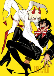 2girls absurdres black_coat black_hair blonde_hair bow bowtie coat coattails creature demon_girl demon_horns demon_tail full_body high_heels highres horns looking_at_viewer momomo_906 multicolored_eyes multiple_girls original red_bow red_bowtie red_eyes sharp_teeth short_hair shorts simple_background standing tail teeth white_shorts wings yellow_background yellow_eyes