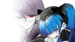 2girls amemiya_darumi black_bow black_hair black_shirt blood bloody_tears blue_hair bow closed_eyes crying ear_piercing earrings fading glasses hands_on_another&#039;s_shoulders head_on_another&#039;s_shoulder jewelry last_defense_academy_school_uniform lazychaidui long_hair looking_at_another looking_back lower_teeth_only multicolored_hair multiple_girls piercing purple_hair red_eyes shirt shizuhara_hiruko short_sleeves teeth the_hundred_line_-last_defense_academy- twintails white_background yuri