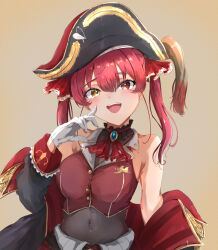 1girl arrow_through_heart ascot black_choker black_coat breasts choker coat cropped_jacket frilled_choker frills gloves hair_ribbon hat heterochromia hololive houshou_marine houshou_marine_(1st_costume) leotard leotard_under_clothes medium_breasts open_mouth pirate_hat red_ascot red_coat red_eyes red_ribbon ribbon sasai_tuki sleeveless sleeveless_jacket smile solo teeth twintails two-sided_coat two-sided_fabric upper_teeth_only virtual_youtuber white_gloves yellow_eyes