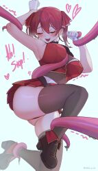 1girl absurdres ass blush bound breasts brown_thighhighs closed_eyes consensual_tentacles gloves heart highres hololive houshou_marine houshou_marine_(1st_costume) large_breasts open_mouth red_hair shellvi solo_focus tentacle_between_breasts tentacles thighhighs thighs virtual_youtuber white_gloves