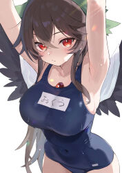 1girl absurdres arms_up black_hair black_one-piece_swimsuit black_wings bow breasts cape commentary_request covered_navel green_bow hair_bow highres large_breasts long_hair one-piece_swimsuit reiuji_utsuho school_swimsuit simple_background solo swimsuit tetsurou_(fe+) third_eye touhou upper_body white_background white_cape wings