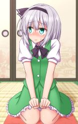 1girl averting_eyes black_bow black_bowtie black_hairband blush bow bow_hairband bowtie collared_shirt commentary_request dress_shirt frilled_skirt frills full_body green_eyes green_skirt green_vest grey_hair hair_between_eyes hairband highres indoors konpaku_youmu medium_hair puffy_short_sleeves puffy_sleeves shirt short_sleeves sidelocks sitting skirt solo sweatdrop tatami teoi_(good_chaos) touhou vest wariza white_shirt