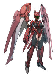 1girl absurdres animal_ears_helmet animal_helmet armor armored_boots arms_at_sides black_bodysuit bodysuit boots breasts commentary covered_face covered_navel exoskeleton facing_viewer full_body helm helmet highres korean_commentary ksb_(qwop03) large_breasts mechanical_wings original red_armor simple_background solo white_background wings