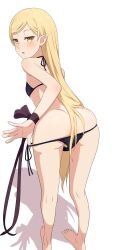 Rule 34 | 1girl, absurdres, ass, back, bent over, bikini, bikini bottom pull, black bikini, blonde hair, commentary request, flat chest, full body, hair censor, highres, kiss-shot acerola-orion heart-under-blade, long hair, looking at viewer, looking back, monogatari (series), na-suke, oshino shinobu, panties, parted lips, pointy ears, side-tie bikini bottom, simple background, solo, standing, swimsuit, underwear, variant set, very long hair, white background, yellow eyes
