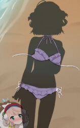 1girl beach bikini blush dressed_shadow_(meme) highres implied_nudity kurono_yuzuko meme missing_commentary original purple_bikini sand shadow shigure_ui_(vtuber) short_hair solo_focus swimsuit unworn_bikini virtual_youtuber water