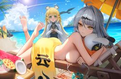 &gt;_&lt; 2girls ahoge alternate_costume animal_ear_fluff armpit_crease ass bangboo_(zenless_zone_zero) barefoot beach bird blonde_hair blue_sky bottle breasts closed_mouth coconut_cup colored_inner_hair commentary day drinking_straw eous_(zenless_zone_zero) feet flying_sweatdrops food fruit grey_hair highres holding holding_bottle ju_fufu large_breasts lens_flare long_hair looking_at_viewer lotion lying multicolored_hair multiple_girls nude ocean on_stomach orange_eyes outdoors sand seagull shore sideboob single_hair_intake sky smile sunscreen the_pose thighs toes watermelon white_hair yixuan_(zenless_zone_zero) yuridango zenless_zone_zero