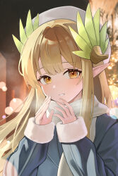 1girl :d absurdres arknights bimo_(bimo_koa) blonde_hair breath cold commentary elf fur-trimmed_sleeves fur_trim grey_jacket grin hair_intakes hair_ornament hands_up hat highres jacket lens_flare long_hair looking_at_viewer mole mole_under_eye muelsyse_(arknights) open_mouth outdoors pointy_ears scarf sleeves_past_wrists smile solo upper_body white_hat white_scarf yellow_eyes