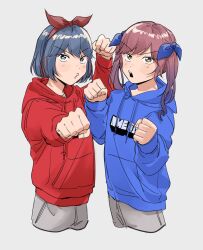 Rule 34 | 2girls, blue bow, blue eyes, blue hair, blue hoodie, bow, bow hairband, clenched hands, cropped legs, grey background, grey pants, hair bow, hairband, hands up, highres, hood, hood down, hoodie, koinko (hunjinwashow), long hair, looking at viewer, multiple girls, multiple hair bows, o3o, omega ray, omega rio, omega sisters, open mouth, outstretched arm, pants, pink hair, punching, red hairband, red hoodie, short hair, siblings, simple background, sisters, standing, star-shaped pupils, star (symbol), symbol-shaped pupils, twintails, v-shaped eyebrows, virtual youtuber, yellow eyes