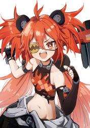 1girl absurdres ahoge animal_ears bare_shoulders bear_ears blush bracelet crop_top dodomonst eyepatch fake_animal_ears fingerless_gloves flat_chest gloves hammer highres jewelry koleda_belobog loli long_hair looking_at_viewer navel no_panties open_mouth pointing pointing_at_self red_eyes red_hair sharp_teeth smile tagme teeth twintails very_long_hair zenless_zone_zero