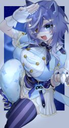 Rule 34 | 1girl, 3am, animal ears, black boots, black thighhighs, blue eyes, blue nails, blue thighhighs, boots, breasts, collared dress, dress, fang, fingerless gloves, gloves, hair ornament, heterochromia, highres, holding, lace-up boots, large breasts, mismatched thighhighs, multicolored nails, open mouth, oyu (oy234u), raccoon ears, raccoon girl, ribbed dress, salute, snuffy (vtuber), solo, sparkle print, star (symbol), star hair ornament, striped clothes, striped thighhighs, thighhighs, two-tone nails, white dress, white gloves, yellow eyes