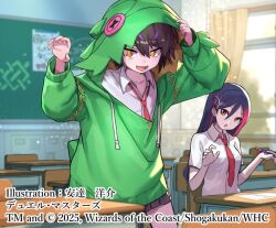 2girls adachi_yousuke animal_hood artist_name black_hair black_skirt blue_hair chair chalkboard classroom claw_pose copyright_notice curtains desk dragon_musume_ni_naritakunai! duel_masters fang green_hoodie holding holding_pen hood hoodie hoshi_feruki indoors locker long_hair miniskirt multicolored_hair multiple_girls necktie official_art on_chair open_mouth pen pink_hair pleated_skirt purple_hair red_necktie rudo_thana school_desk shirt short_hair sitting skirt standing white_shirt window yellow_eyes