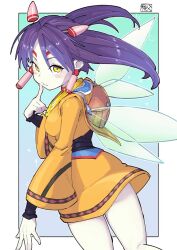 1girl blue_hair chichibu_(watson) closed_mouth commentary commission dress earrings english_commentary facial_mark grandia grandia_ii jewelry long_hair long_sleeves looking_at_viewer pale_skin skeb_commission skirt solo tio_(grandia) wings yellow_eyes