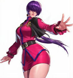1girl ass breasts costume curvy dress female_focus highres huge_ass large_breasts long_hair long_sleeves orochi_shermie pale_skin ponytail purple_hair shermie_(kof) skirt standing the_king_of_fighters thick_thighs thighs twintails wide_hips