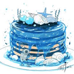 Rule 34 | 1other, air bubble, algae, artist name, blue jacket, bubble, commentary, diving helmet, fish, flying fish, food, food focus, fork, gem, gloves, helmet, highres, holding, holding fork, jacket, kazunoko (kazunoko zunoco), mini person, original, oxygen tank, pancake, pearl (gemstone), plate, scallop, seashell, shell, shoes, signature, snail shell, solo, standing, starfish, water, white background, white gloves, white shoes