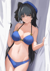 Rule 34 | 1girl, absurdres, adapted costume, arm strap, bare shoulders, beret, bikini, black bow, black eyes, black gloves, black hair, blue bikini, blue bra, blue buruma, blue hat, bow, bra, breasts, buruma, chinese commentary, cleavage, collarbone, commentary, cowboy shot, curtains, feather hair, gloves, hair intakes, hat, hat bow, highres, holding curtain, jinling ovo, large breasts, long hair, looking at viewer, multicolored hair, navel, parted bangs, single glove, smile, solo, stomach, streaked hair, swimsuit, tacet mark (wuthering waves), underwear, underwear only, wuthering waves, yangyang (wuthering waves)