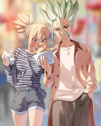 1boy 1girl absurdres alternate_costume aqua_eyes black_pants blonde_hair blurry blurry_background brown_coat casual closed_mouth coat collarbone day denim denim_shorts dr._stone facial_mark food green_hair grey_shorts hair_ribbon hand_in_pocket high_ponytail highres holding holding_food ishigami_senkuu izumi_whale kohaku_(dr._stone) long_sleeves open_clothes open_coat outdoors pants ponytail red_eyes ribbon shirt short_shorts shorts sleeves_past_wrists smile spiked_hair striped_clothes striped_shirt walking white_ribbon white_shirt