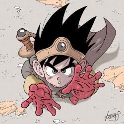 1boy black_hair boots cape circlet commentary_request dragon_quest dragon_quest_iii floating_cape floating_hair from_above gem gloves gold_circlet grass grey_cape grey_eyes grey_gemstone grey_tunic hero_(dq3) limited_palette looking_at_viewer looking_up male_focus open_mouth red_boots red_gloves roto_(dq3) short_hair signature solo spiked_hair sweatdrop sword sword_on_back tcgf_04 toriyama_akira_(style) tunic weapon weapon_on_back yellow_sleeves
