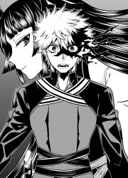 1boy 1girl black_hair blunt_bangs flaming_eye highres ikuhashi_muiko inset light_smile looking_at_viewer monochrome nue_(nue_no_onmyouji) nue_no_onmyouji open_mouth projected_inset sideways_glance spiked_hair yajima_gakuro