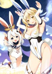 Rule 34 | 2girls, :d, animal ears, armpits, arms up, azuma yuki, bare shoulders, blonde hair, blush, boots, breasts, brown eyes, cleavage, cloud, commentary request, detached sleeves, fake animal ears, flower, full moon, genshin impact, grey hair, hair flower, hair ornament, halo, highres, leotard, long sleeves, lumine (genshin impact), medium breasts, moon, multiple girls, night, night sky, open mouth, outdoors, paimon (genshin impact), purple eyes, rabbit ears, rabbit pose, signature, single thighhigh, sky, smile, star (sky), starry sky, thighhighs, thighhighs under boots, watermark, white flower, white footwear, white leotard, white sleeves, white thighhighs
