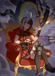 1girl absurdres black_hair black_nails black_thighhighs chuckuddin closed_mouth crossed_legs dress grey_hair hair_ornament highres holding holding_poke_ball hololive hololive_english looking_at_viewer multicolored_hair nintendo official_alternate_costume official_alternate_hairstyle poke_ball pokemon pokemon_(creature) red_dress shiori_novella shiori_novella_(casual) sitting smile split-color_hair thighhighs two-tone_hair virtual_youtuber yellow_eyes