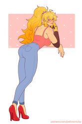 Rule 34 | 1girl, ass, back, blonde hair, blush, breasts, denim, from behind, high heels, highres, jeans, long hair, looking at viewer, looking back, mechanical arms, nail polish, pants, patreon username, pink tank top, prosthesis, purple eyes, roosterteeth, rwby, single mechanical arm, solo, tank top, tight clothes, tight pants, yang xiao long, yellow nicky