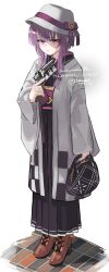 Rule 34 | 1girl, absurdres, alternate costume, bag, black kimono, boots, commentary, full body, gun, handbag, handgun, haori, hat, hat ornament, hat ribbon, high heel boots, high heels, highres, holding, holding bag, holding gun, holding weapon, japanese clothes, kimono, long sleeves, looking at viewer, purple eyes, purple hair, revolver, ribbon, simple background, skirt, solo, uranosebi, vocaloid, voiceroid, weapon, white background, wide sleeves, yuzuki yukari