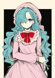 1girl black_background blue_eyes blue_hair border bow bowtie chain closed_mouth commentary_request cowboy_shot dress frills hair_over_one_eye hat highres holding holding_pocket_watch kazami_yuuka kazami_yuuka_(pc-98) long_hair long_sleeves looking_at_viewer nightcap outside_border pink_dress pink_hat pocket_watch puffy_long_sleeves puffy_sleeves red_bow red_bowtie simple_background smile solo standing tama_(hiroshige_36) touhou touhou_(pc-98) watch wavy_hair white_border