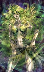 1girl barbariccia bikini bikini_bottom_only breasts final_fantasy final_fantasy_xiv gluteal_fold green_eyes green_hair green_lips hair_between_eyes highres leki_ixion long_hair looking_at_viewer medium_breasts navel revealing_clothes solo swimsuit very_long_hair