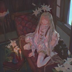 1girl absurdres candle couch flower gensou_getsumen_rt highres long_hair looking_at_viewer on_couch original sitting solo vase white_flower