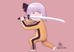 Rule 34 | &lt;o&gt; &lt;o&gt;, 1girl, black bow, black eyes, blunt bangs, bow, bruce lee&#039;s jumpsuit, closed mouth, commentary request, full body, grey hair, hair bow, holding, holding sword, holding weapon, jumpsuit, katana, konpaku youmu, looking afar, looking to the side, onikobe rin, purple background, shoes, short hair, simple background, solo, sword, touhou, weapon, white shoes, yellow jumpsuit