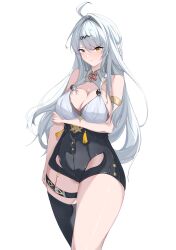 1girl absurdres ahoge bare_shoulders black_unitard blush breasts cleavage cowboy_shot hair_ornament highres large_breasts long_hair looking_at_viewer mole mole_on_breast single_hair_intake single_thighhigh smile solo thighhighs user_xwgh4342 white_hair yellow_eyes yin_yang_pin yixuan_(zenless_zone_zero) zenless_zone_zero