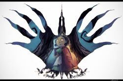 Rule 34 | 1girl, apron, black hair, book, cape, copyright name, dress, green dress, holding, holding book, koto inari, ofelia, open mouth, pan&#039;s labyrinth, parted lips, red cape, short hair, simple background, solo, tree, white apron, white background