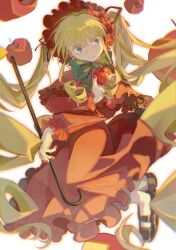 1girl absurdres apple black_shoes blonde_hair blue_eyes bonnet bow bowtie cane capelet circle_skirt colored_eyelashes commentary crying crying_with_eyes_open dress drill_hair food frilled_capelet frilled_dress frilled_headwear frilled_sleeves frills frown fruit full_body green_bow green_bowtie hair_ribbon highres holding holding_cane holding_food holding_fruit long_dress long_hair long_sleeves looking_at_viewer mary_janes nail_polish pantyhose parted_lips red_capelet red_dress red_headwear red_nails red_ribbon red_sleeves ribbon riko-m rozen_maiden shinku shoes simple_background solo symbol-only_commentary teardrop tears twin_drills twintails very_long_hair white_background white_pantyhose