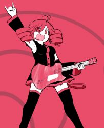 1girl \m/ a_letter_from_your_biggest_fan_(synthesizer_v) ahoge armpit_peek belt black_nails black_shirt black_skirt black_thighhighs breasts bright_pupils commentary drill_hair english_commentary guitar hand_up headphones highres holding holding_guitar holding_instrument instrument kasane_teto kasane_teto_(utau) mad_mex medium_breasts open_mouth pink_background pink_belt pink_eyes pink_hair pink_trim shirt skirt solo synthesizer_v thighhighs twin_drills utau white_pupils