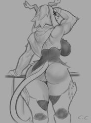 1girl animal_ears ass ass_focus back bottomless breasts champchidi eyebrows from_behind furry furry_female greyscale highres horns large_breasts monochrome muscular muscular_female no_panties no_pants pseudoregalia rabbit_ears shirt sketch sybil_(pseudoregalia) tail thick_thighs thighs wide_hips