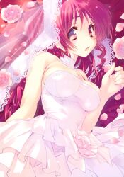 amazuyu_tatsuki breasts bridal_veil cleavage dress flower highres kousaka_tamaki large_breasts long_hair looking_at_viewer non-web_source official_art open_mouth petals photoshop_(medium) pink_flower pink_rose red_eyes red_hair rose to_heart_(series) to_heart_2 veil wedding_dress