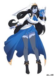 Rule 34 | 1girl, absurdres, ascot, belt, belt buckle, black belt, black hair, blue ascot, blue skin, blue skirt, book, bracelet, bridal veil, buckle, colored skin, commentary, commission, english commentary, full body, grey eyes, grey thighhighs, highres, holding, holding book, jewelry, long hair, long sleeves, looking at viewer, mawaridi, open book, open mouth, original, ring, shirt, simple background, skirt, solo, thighhighs, twitter username, veil, white background, white shirt