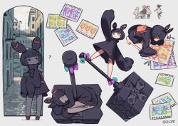 Rule 34 | 6+girls, ?, aqua bow, bag, black hair, bob cut, bow, chibi, city, commentary, copyright logo, copyright notice, drawing (action), drawing (object), drooling, english commentary, hammer, high collar, highres, holding, kuroboshi kouhaku, leg tattoo, lying, multiple girls, official art, purple bow, second-party source, simple background, sleeping, sleeves past fingers, sleeves past wrists, solo focus, standing, tail, tattoo, tsurugihime, white background, yuno (tsurugihime)