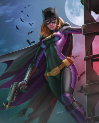 1girl bat_(animal) batgirl batman_(series) belt belt_pouch black_bodysuit black_cape black_gloves blonde_hair blue_eyes bodysuit breasts brown_belt cape dc_comics douglas_bicalho full_moon gloves grappling_gun gun highres holding holding_gun holding_weapon long_hair looking_at_viewer medium_breasts moon night outdoors pouch purple_cape signature solo stephanie_brown superhero_costume two-sided_cape two-sided_fabric weapon