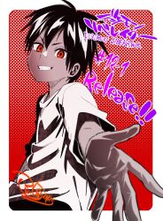 1boy aged_down black_hair border chapter_number child copyright_name cowboy_shot dark-skinned_male dark_skin digimon digimon_card_game digimon_liberator fukunari_kanchi highres looking_at_viewer male_focus owen_dreadnought red_background red_eyes release_celebration shirt short_hair signature simple_background smirk solo white_border white_shirt